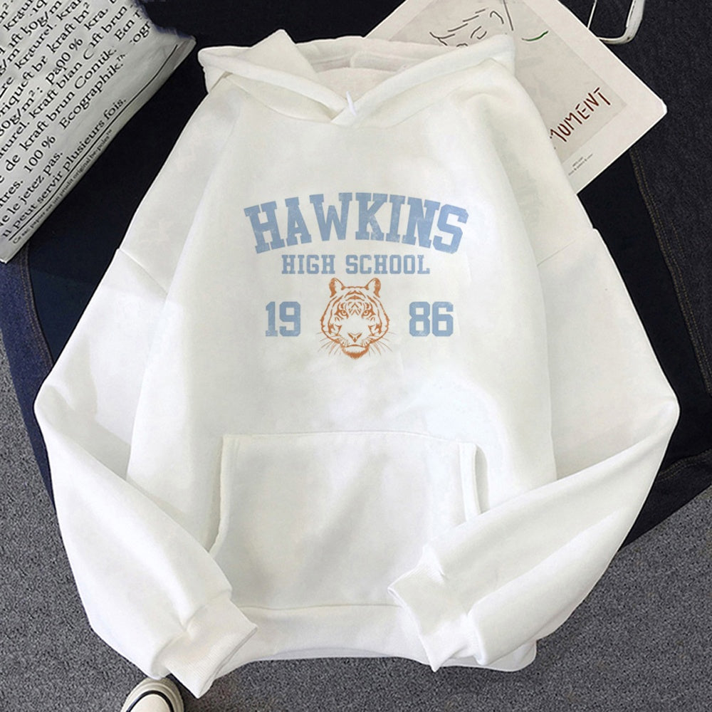 Witte hoodie Stranger Things Hawkins High School 1986, print op de voorkant
