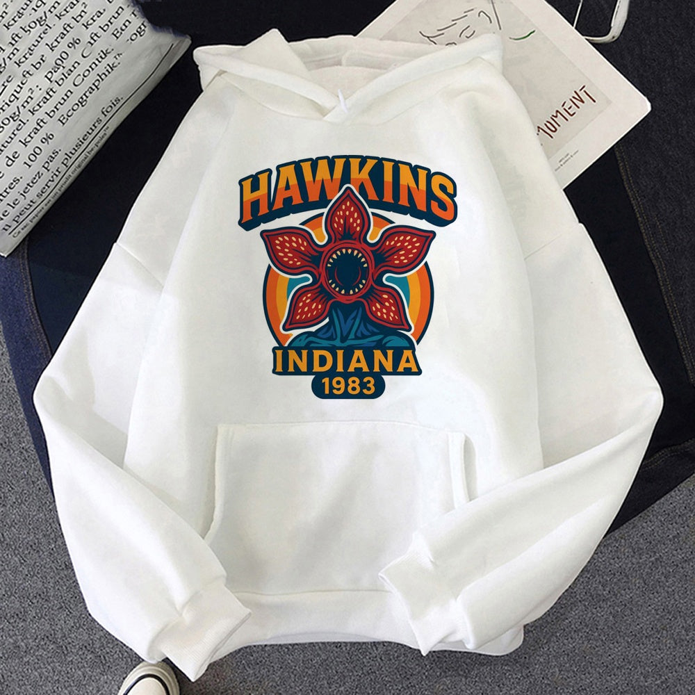 Witte hoodie Stranger Things Hawkins Indiana 1983, print op de voorkant