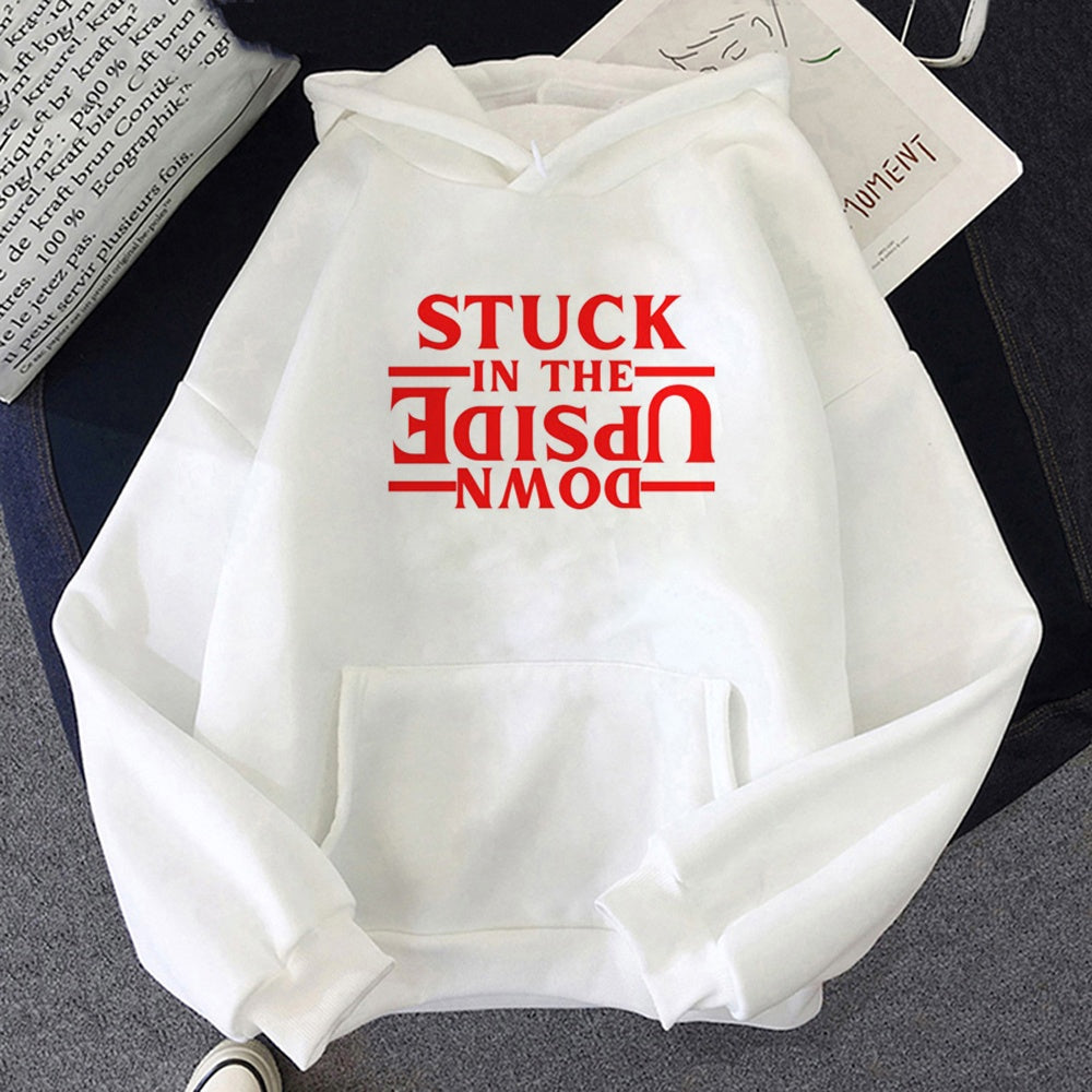 Witte hoodie Stranger Things Stuck in the Upside Down, print op de voorkant