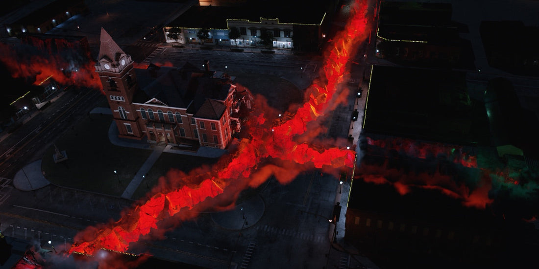 De rode scheur die Hawkins openrijt, vanuit de lucht gezien, aan het eind van seizoen 4 van Stranger Things