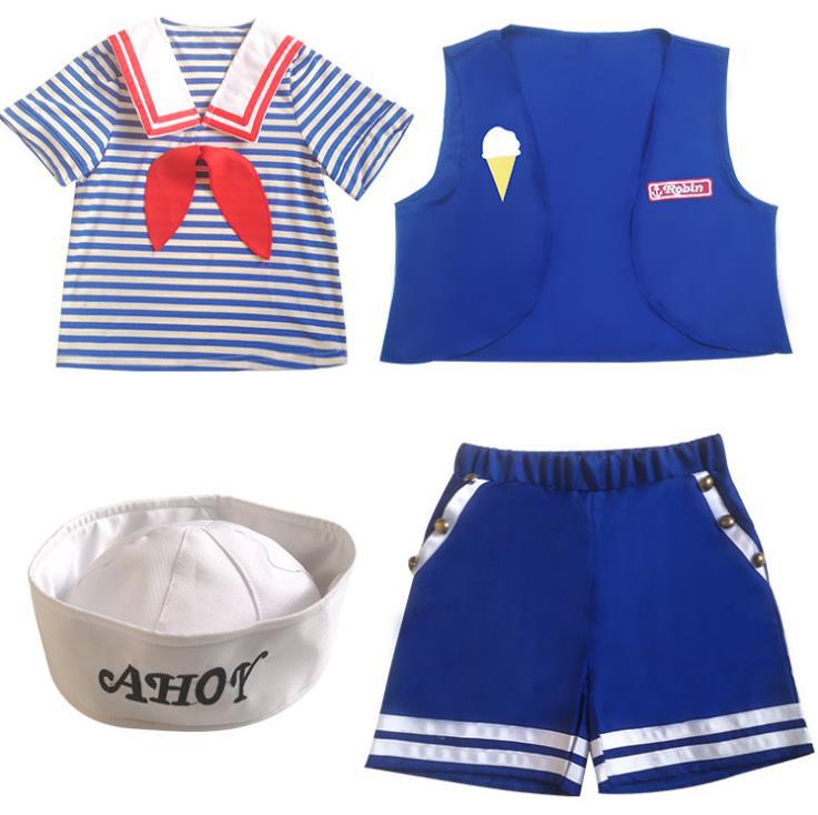 Scoops Ahoy-uniform Stranger Things voor jongens: gestreept shirt, gilet, korte broek en hoed