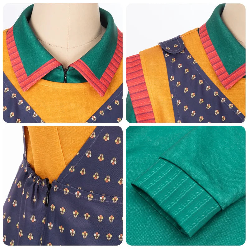 Details van het Holly Wheeler-kostuum: kraag van de groene top, oranje vest en paarse stof met motiefjes