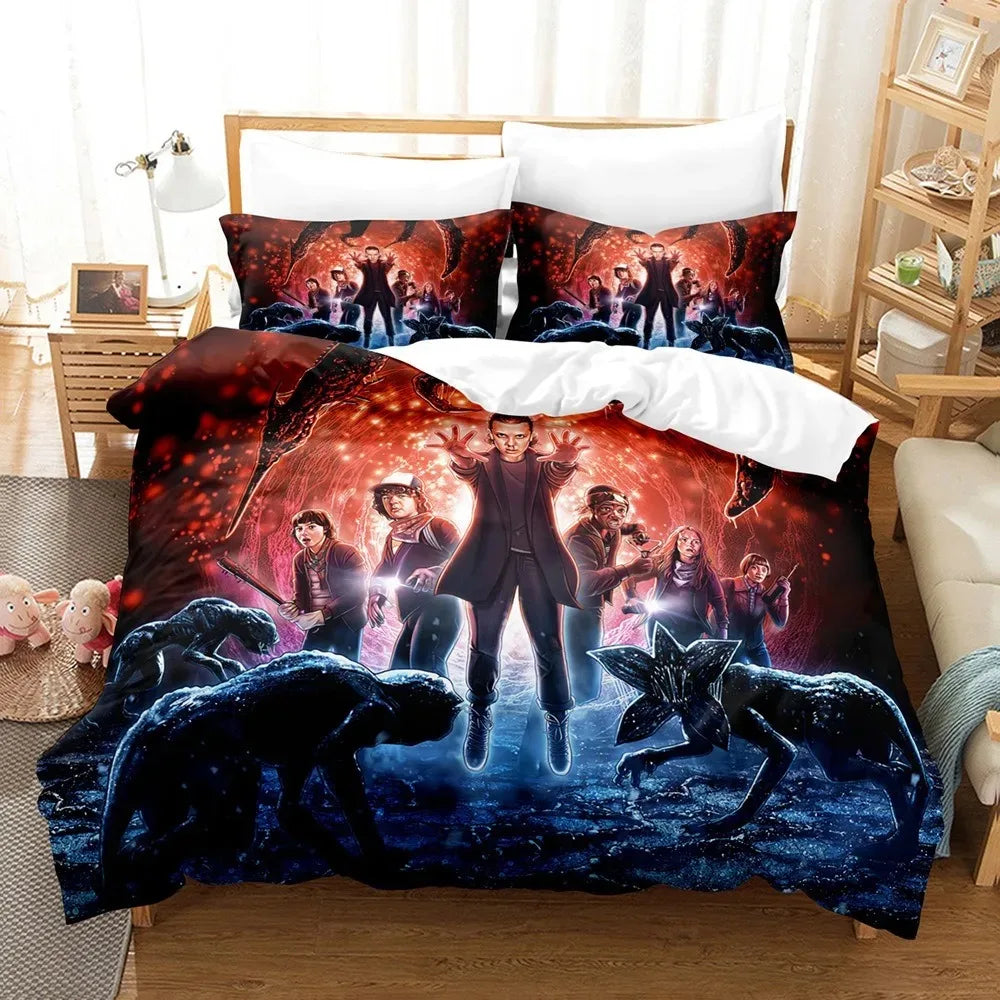 Dekbedovertrek Stranger Things seizoen 2 Eleven en de Demodogs op een bed, met bijpassende kussenslopen