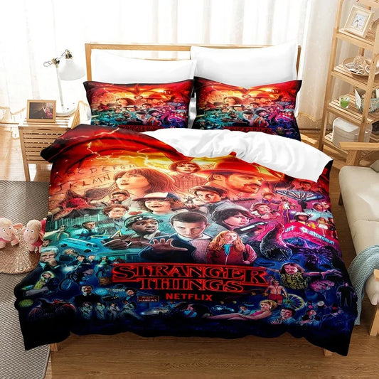 Beddengoedset Stranger Things collage van alle personages op een bed, met bijpassende kussenslopen