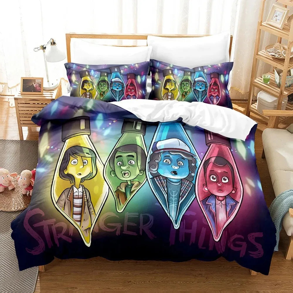 Beddengoedset Stranger Things de groep in lampjes van de lichtslinger op een bed, met bijpassende kussenslopen