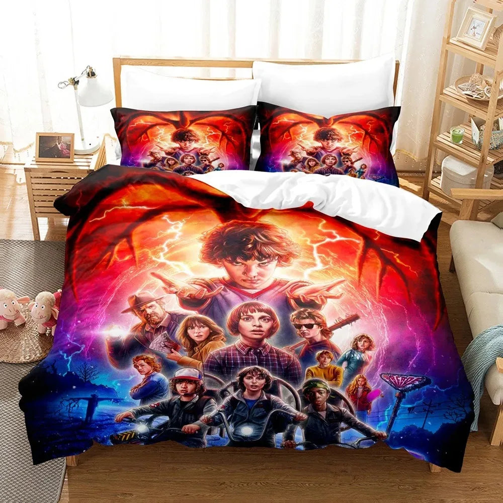Beddengoedset Stranger Things seizoen 2 Mind Flayer op een bed, met bijpassende kussenslopen