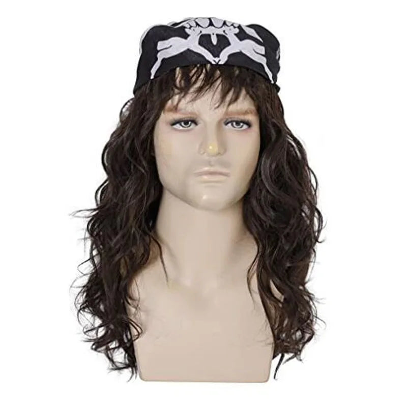 Pruik Eddie Munson Stranger Things met zwarte bandana met wit motief