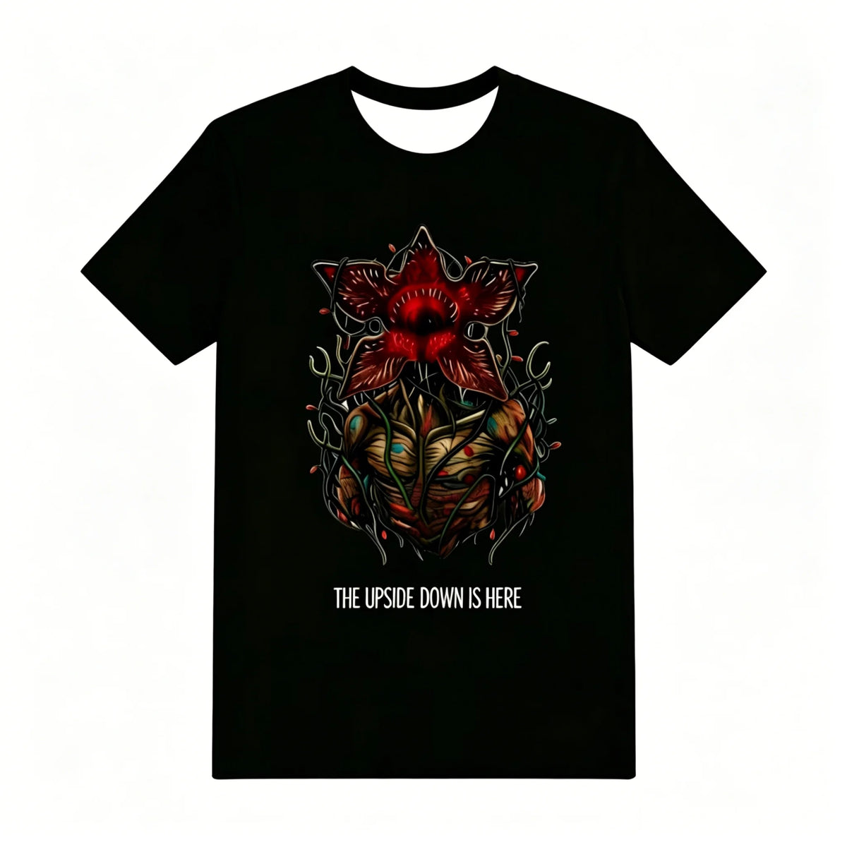 Zwart T-shirt van de Stranger Things-pyjama, Demogorgon van bloemen en tekst The Upside Down Is Here