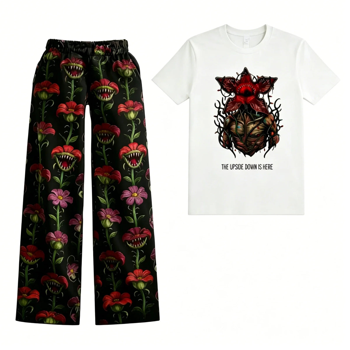 Stranger Things-damespyjama met wit T-shirt met Demogorgon van bloemen en broek met vleesetende bloemen