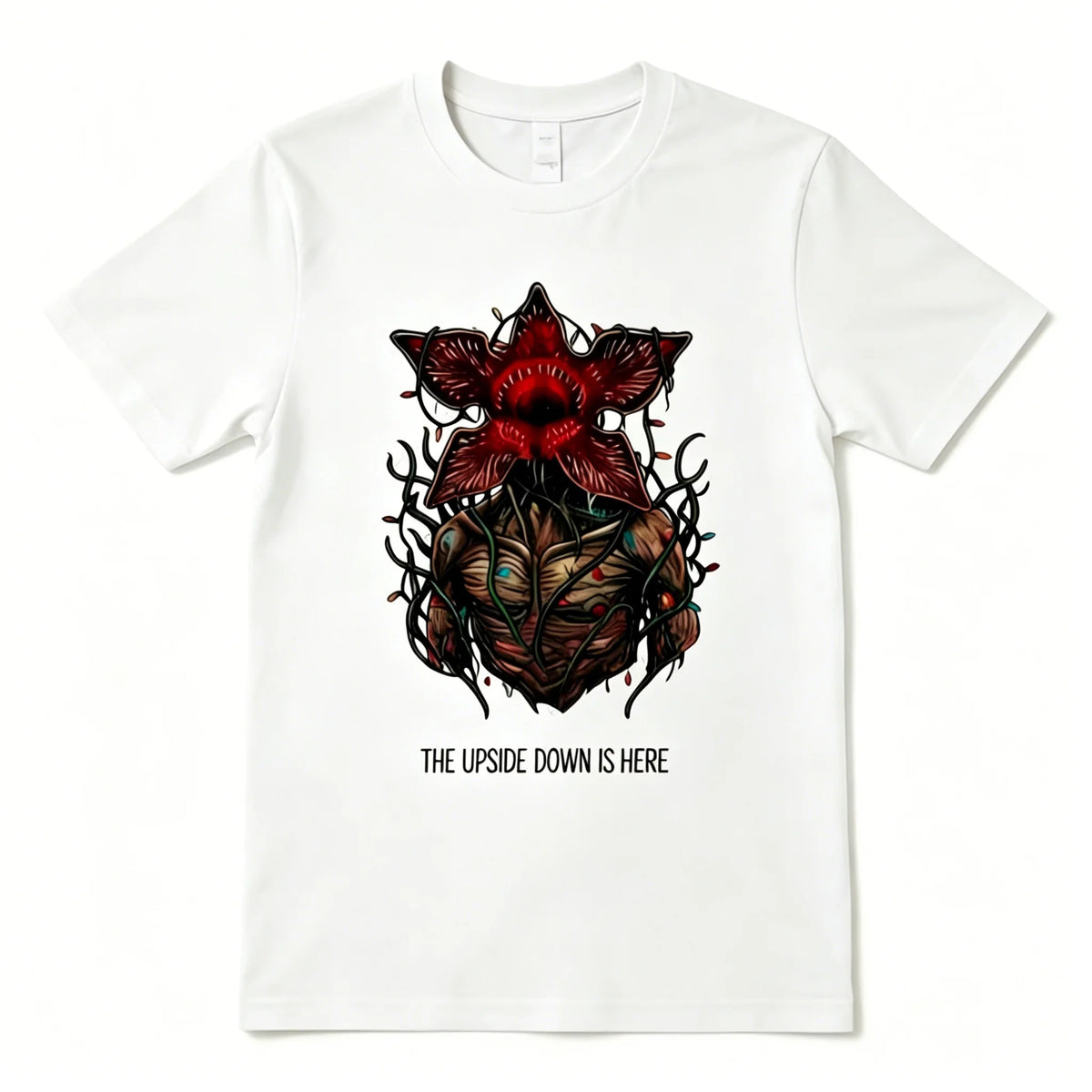 Wit T-shirt van de Stranger Things-pyjama, Demogorgon van bloemen en tekst The Upside Down Is Here