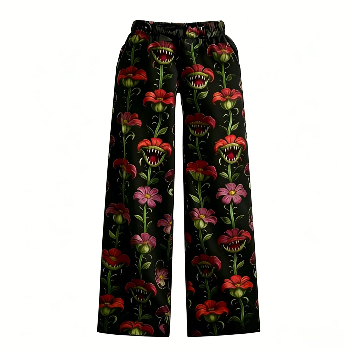 Pyjamabroek Stranger Things met rode en roze vleesetende bloemen op een zwarte achtergrond