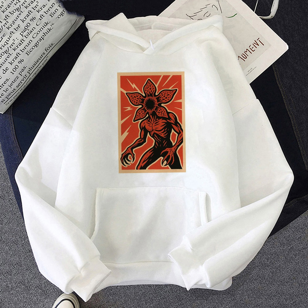Witte hoodie Stranger Things Demogorgon-poster, print op de voorkant