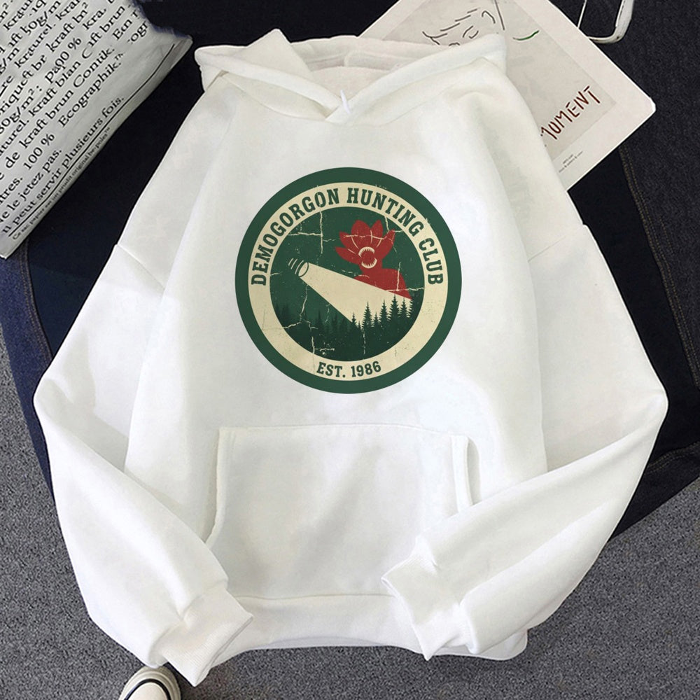 Witte hoodie Stranger Things Demogorgon Hunting Club, print op de voorkant
