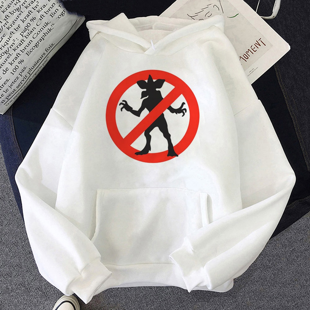 Witte hoodie Stranger Things verboden voor Demogorgons, print op de voorkant