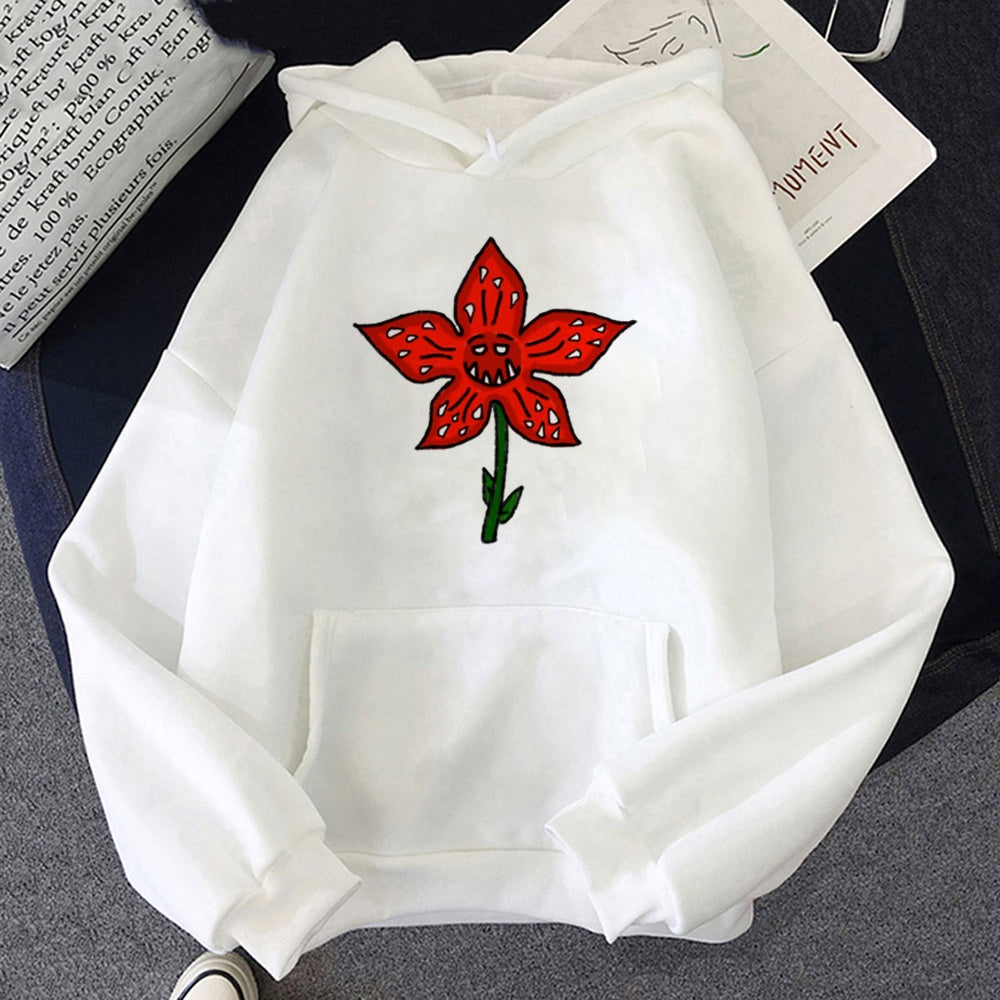Witte hoodie Stranger Things Demogorgon-bloem, print op de voorkant