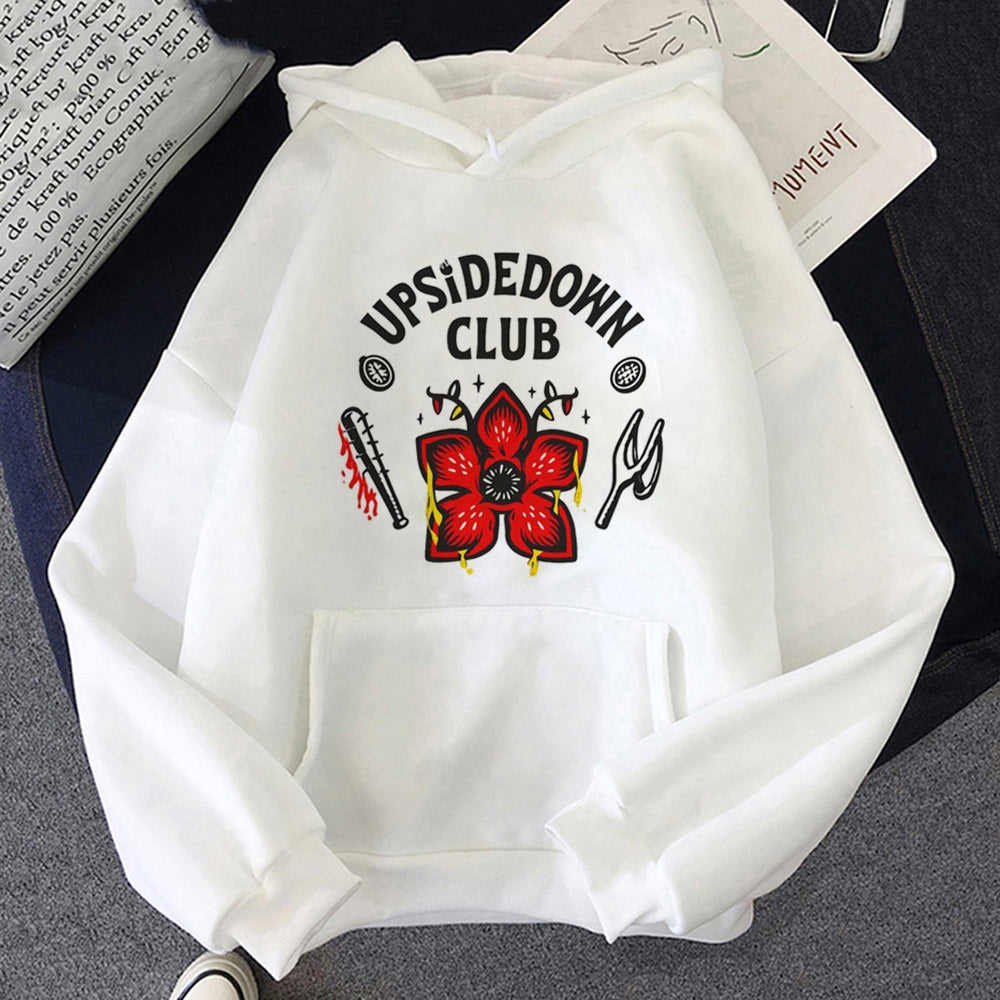 Witte hoodie Stranger Things Upside Down Club, print op de voorkant
