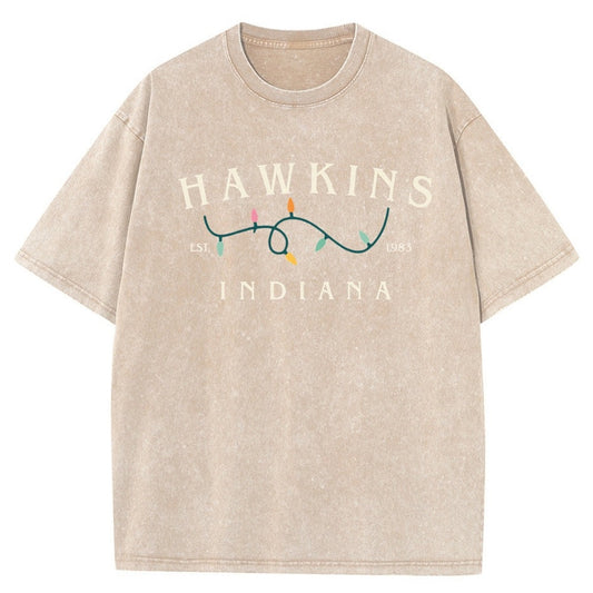 Verwassen heren-T-shirt Stranger Things Hawkins Indiana lichtslinger – kleur beige