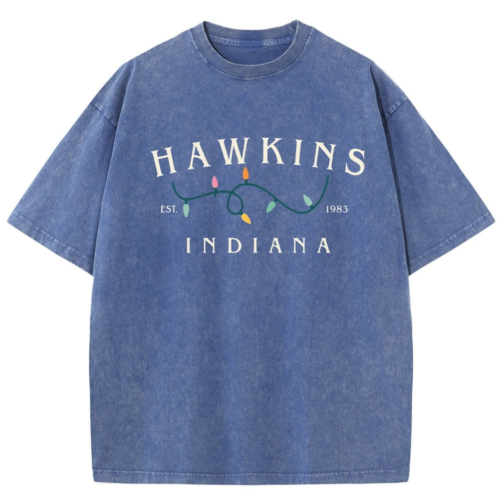 Verwassen heren-T-shirt Stranger Things Hawkins Indiana lichtslinger – kleur blauw