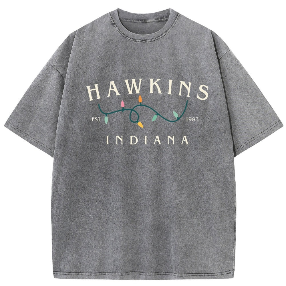 Verwassen heren-T-shirt Stranger Things Hawkins Indiana lichtslinger – kleur grijs