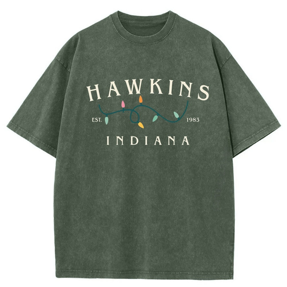 Verwassen heren-T-shirt Stranger Things Hawkins Indiana lichtslinger – kleur kaki