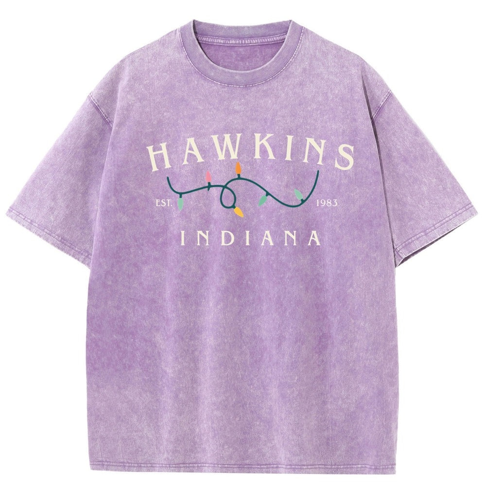Verwassen heren-T-shirt Stranger Things Hawkins Indiana lichtslinger – kleur lila