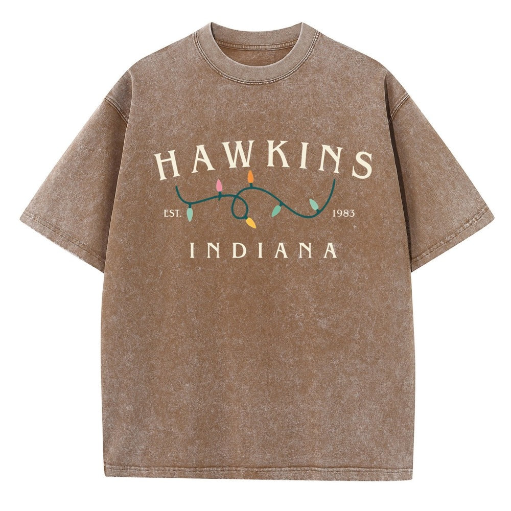 Verwassen heren-T-shirt Stranger Things Hawkins Indiana lichtslinger – kleur bruin