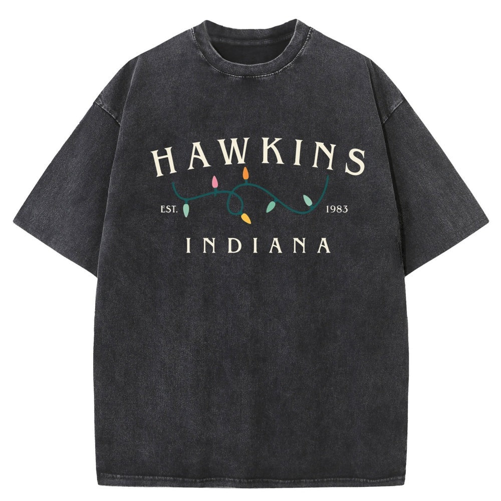 Verwassen heren-T-shirt Stranger Things Hawkins Indiana lichtslinger – kleur zwart