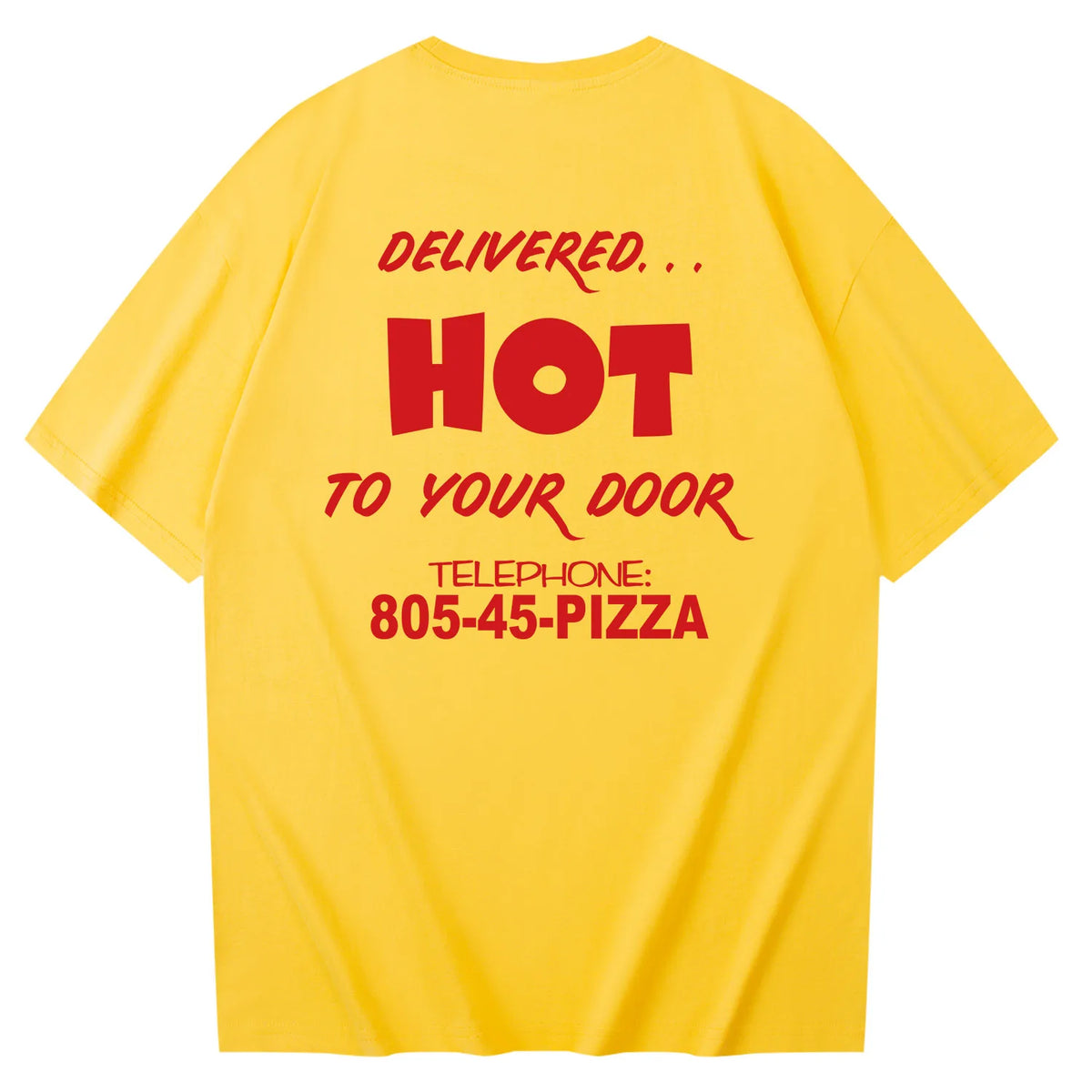 Achterkant van het Surfer Boy Pizza T-shirt Stranger Things, Delivered Hot to your door en 805-45-PIZZA