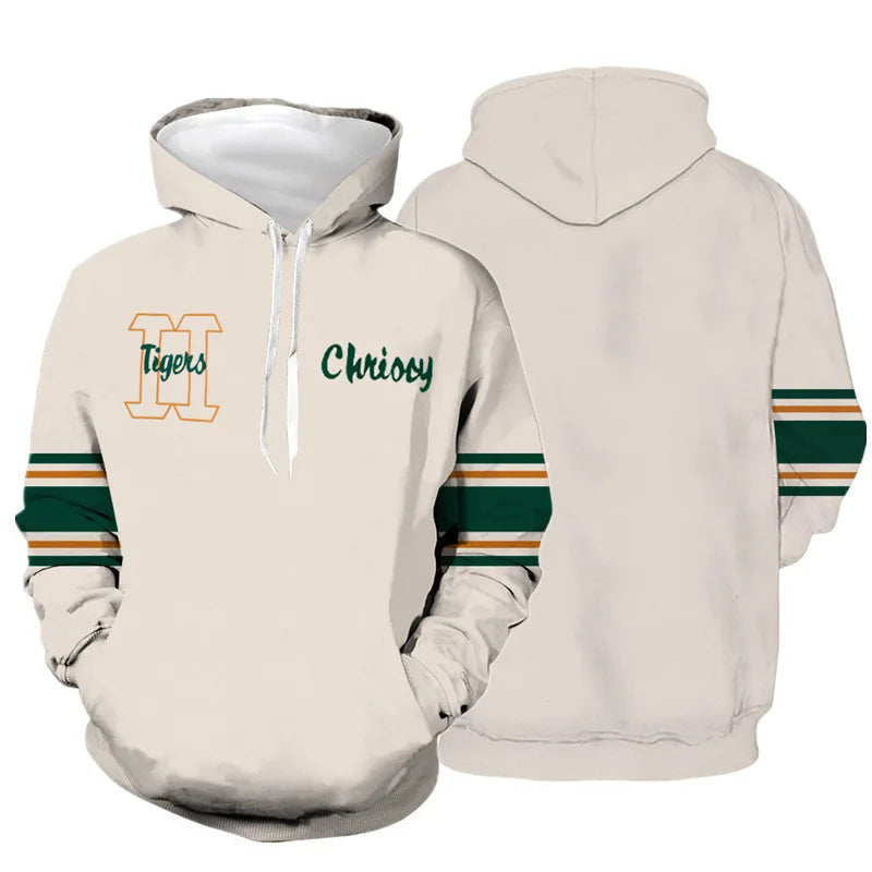 Cosplayhoodie Stranger Things Chrissy, crèmekleurig met gestreepte mouwen, voor- en achterkant