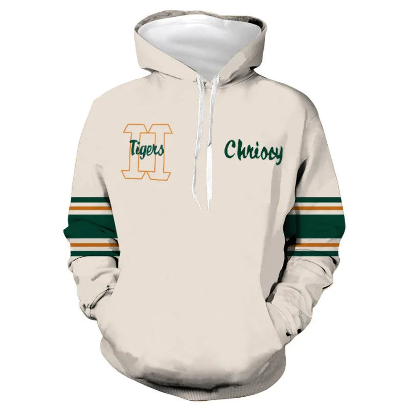 Chrissy-hoodie Stranger Things, voorkant, borduursels H Tigers en Chrissy