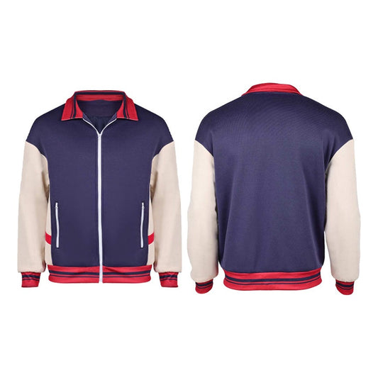 Cosplay-trainingsjack Will Byers Stranger Things marineblauw en wit, vooraanzicht