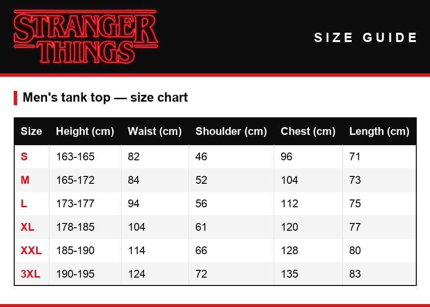 Maattabel – Tanktop Stranger Things Stranger Kittens