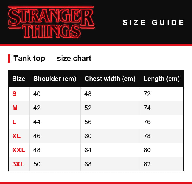 Maattabel – Tanktop Stranger Things Mighty Hawkins Rangers