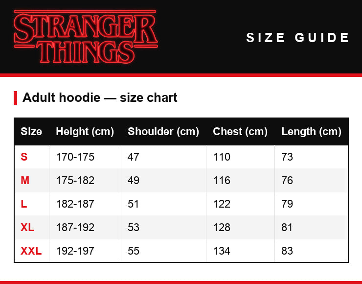 Maattabel – Hoodie Stranger Things Very Merry Christmas ondersteboven