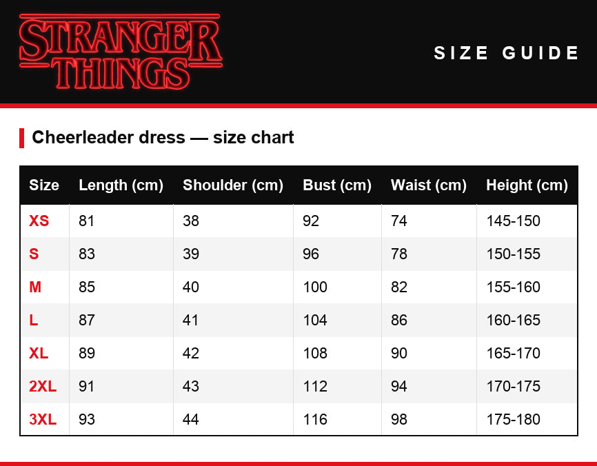 Maattabel – Cheerleaderjurk Stranger Things Hawkins High