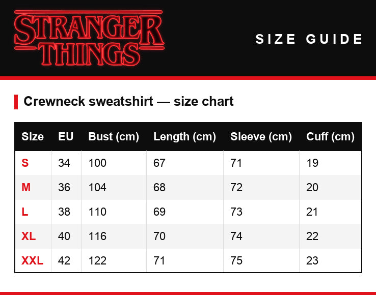 Maattabel – Sweater met ronde hals Stranger Things The Upside Down cultobjecten