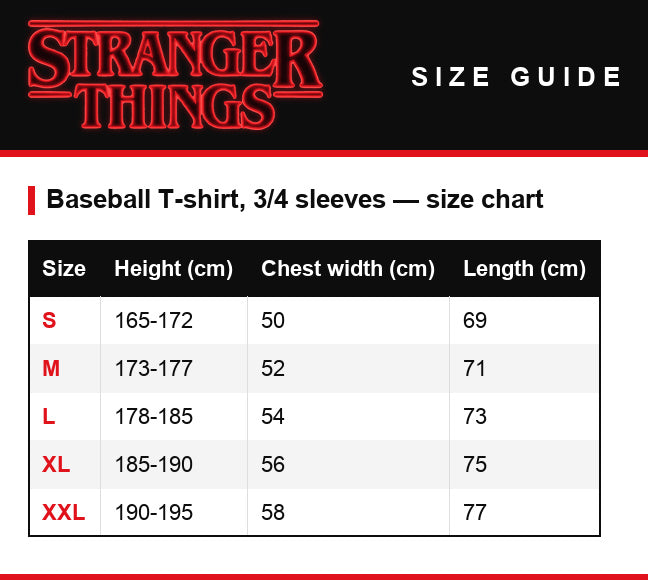Maattabel – Heren-baseballshirt met 3/4-mouwen Stranger Things Welcome to Hawkins Indiana embleem