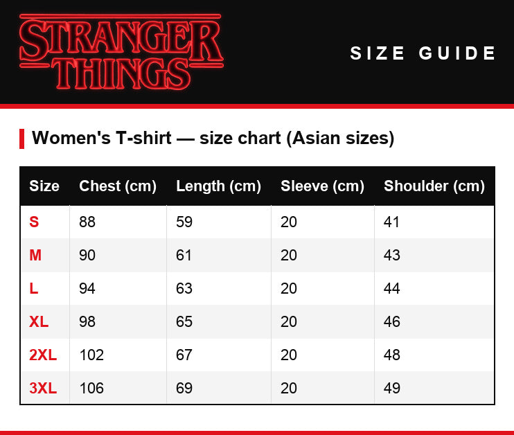 Maattabel – Dames-T-shirt Stranger Things Hawkins High School tijger 1983