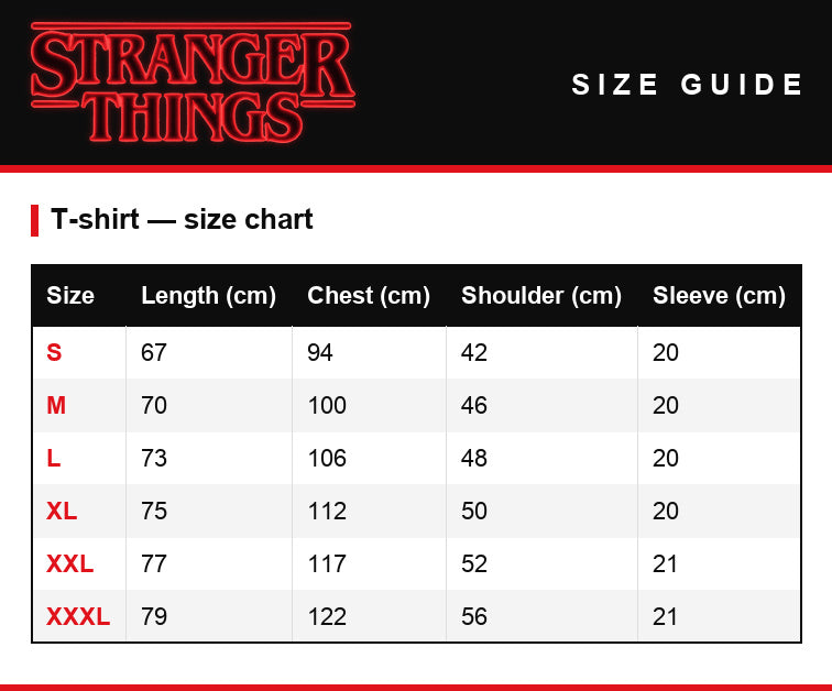Maattabel – Dames-T-shirt Stranger Things Hawkins Strange School 1983