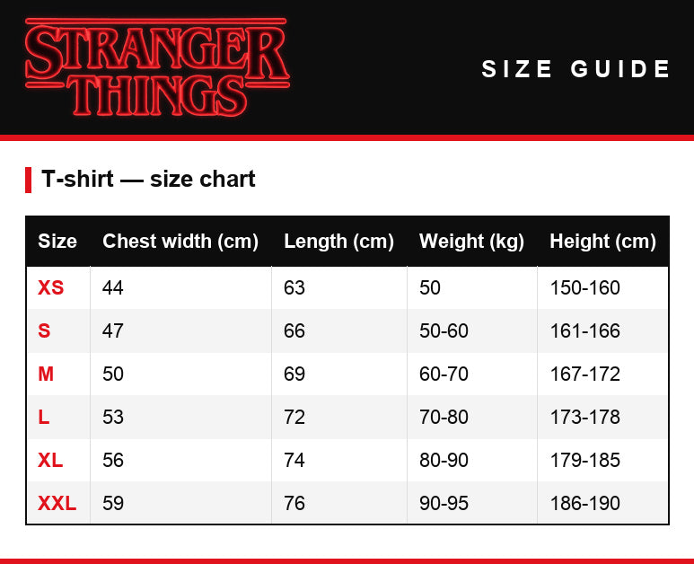 Maattabel – Heren-T-shirt Stranger Things Visit Hawkins Land of the Upside Down