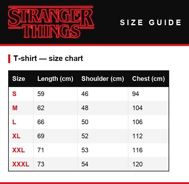 Maattabel – Sweater met capuchon Stranger Things Hawkins Strange School 1983