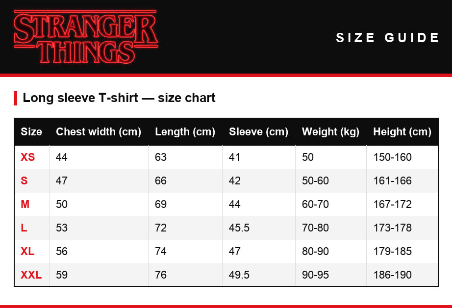 Maattabel – Heren-T-shirt Stranger Things alfabetmuur lichtslinger