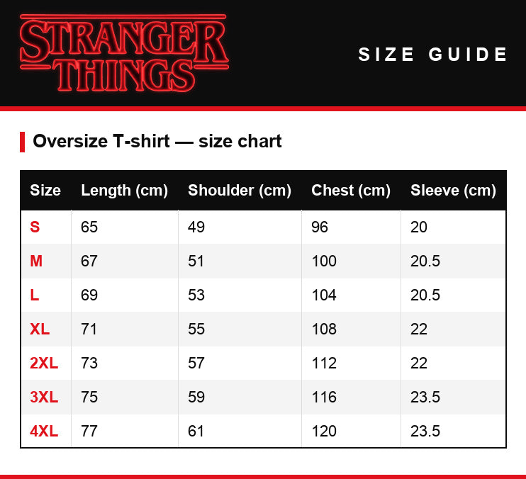 Maattabel – Oversized dames-T-shirt Stranger Things Harrington Babysitting Services