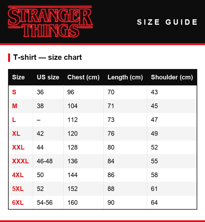 Maattabel – Heren-T-shirt Stranger Things This Is for You Chrissy