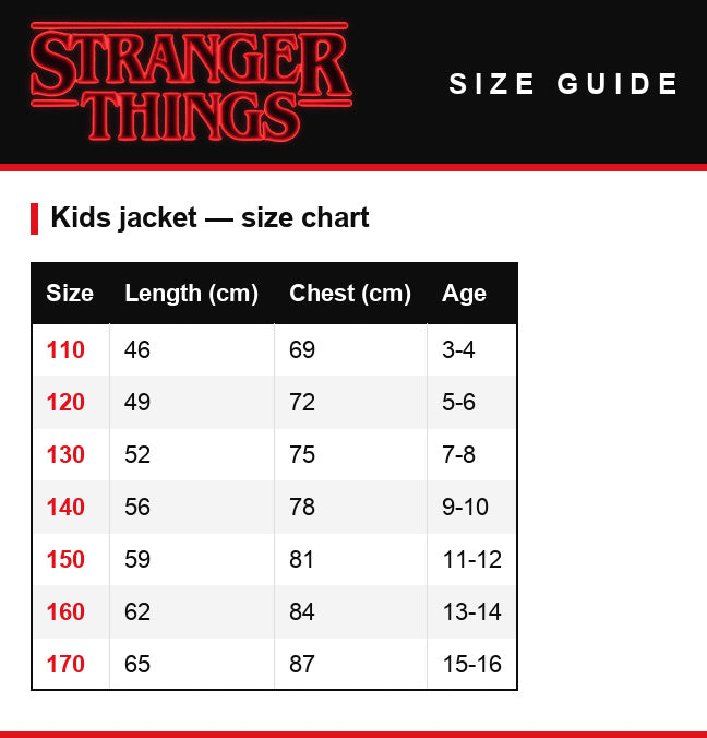 Maattabel – Kinder-trainingsjack Stranger Things Max Mayfield